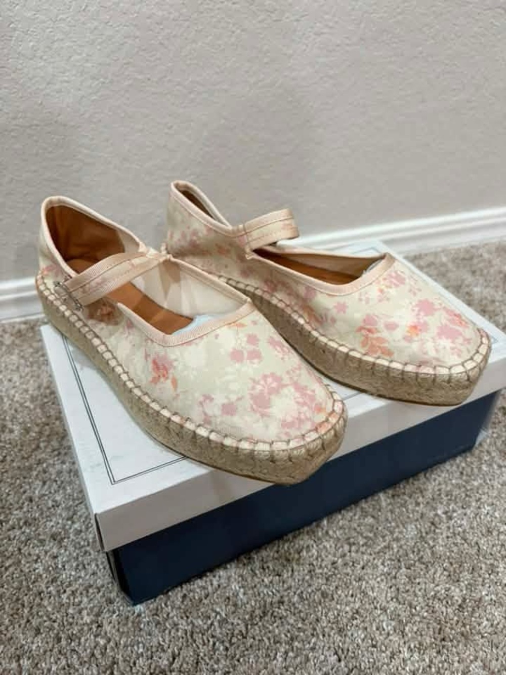 Anthropologie Floral Mary Jane Espadrilles in Cream and Pink
